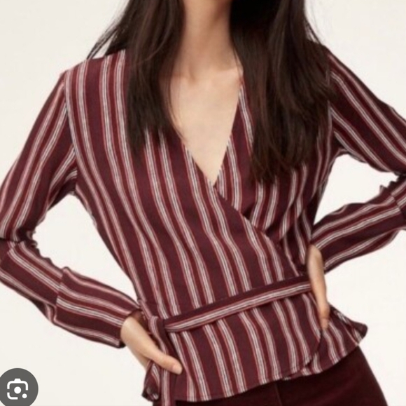 Wilfred Tops - Aritzia Wilfred Women's Striped Shannon Wrap Top - Burgundy
